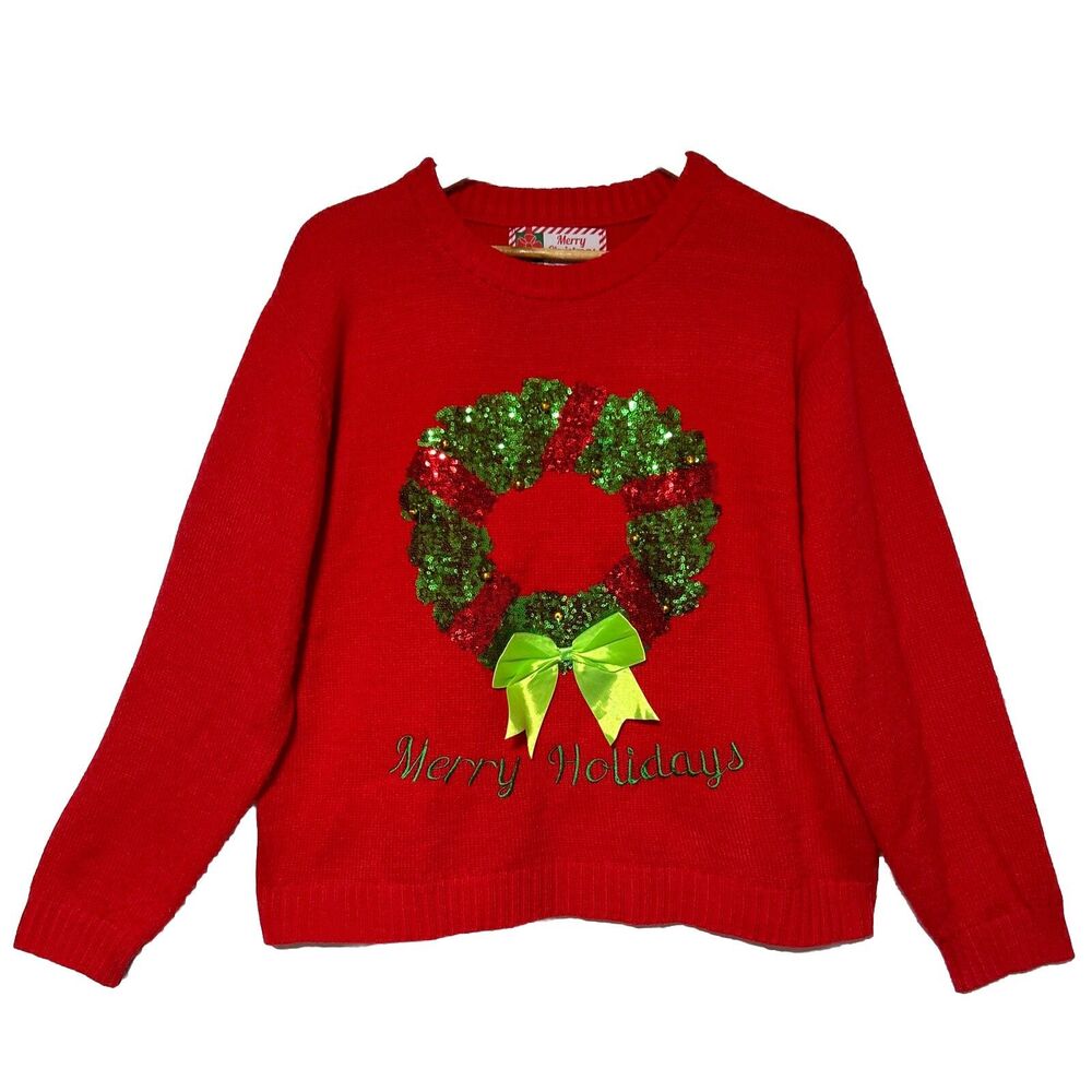 Merry Christmas Womens Holiday Sweater XL Red Wreath Bells Bow